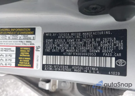 2012 Toyota Camry Le z USA, uszkodzony, nr VIN 4T1BF1FK0CU042053